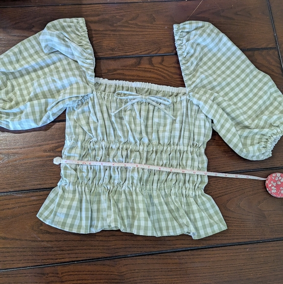 Handmade Smocked Light Green White Summer Gingham Cottagecore Puff sleeve blouse - Picture 7 of 7